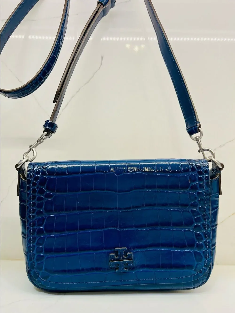 Tory Burch Thea Croc-Embossed Leather Flap Crossbody Bag Adjustable Straps